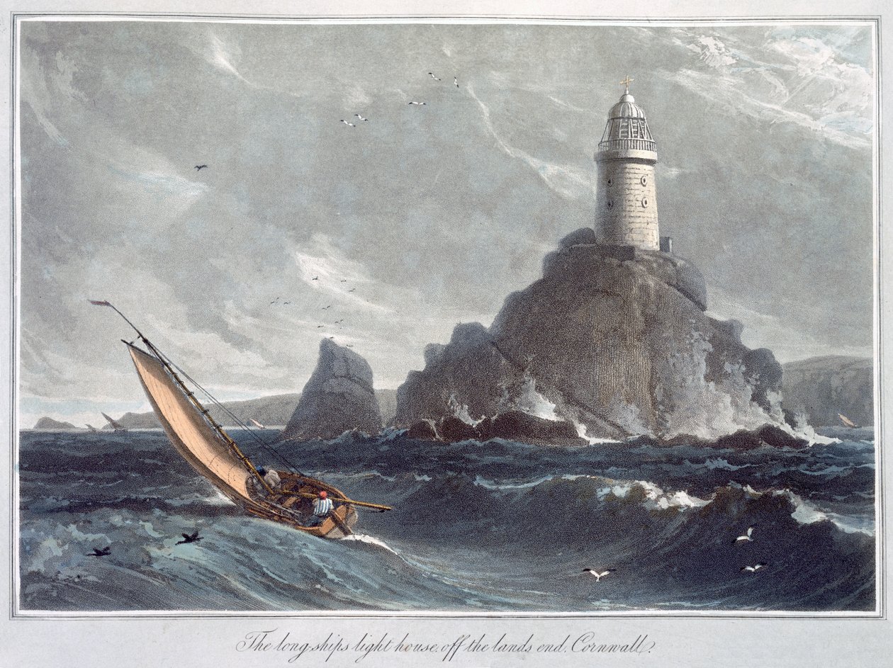 "The Longships Lighthouse off the Lands End, Cornwall", 1814 tekijältä William Daniell