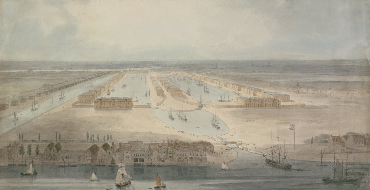 The New Docks, Isle of Dogs (lyijykynä, tussi ja pesu paperille) tekijältä William Daniell