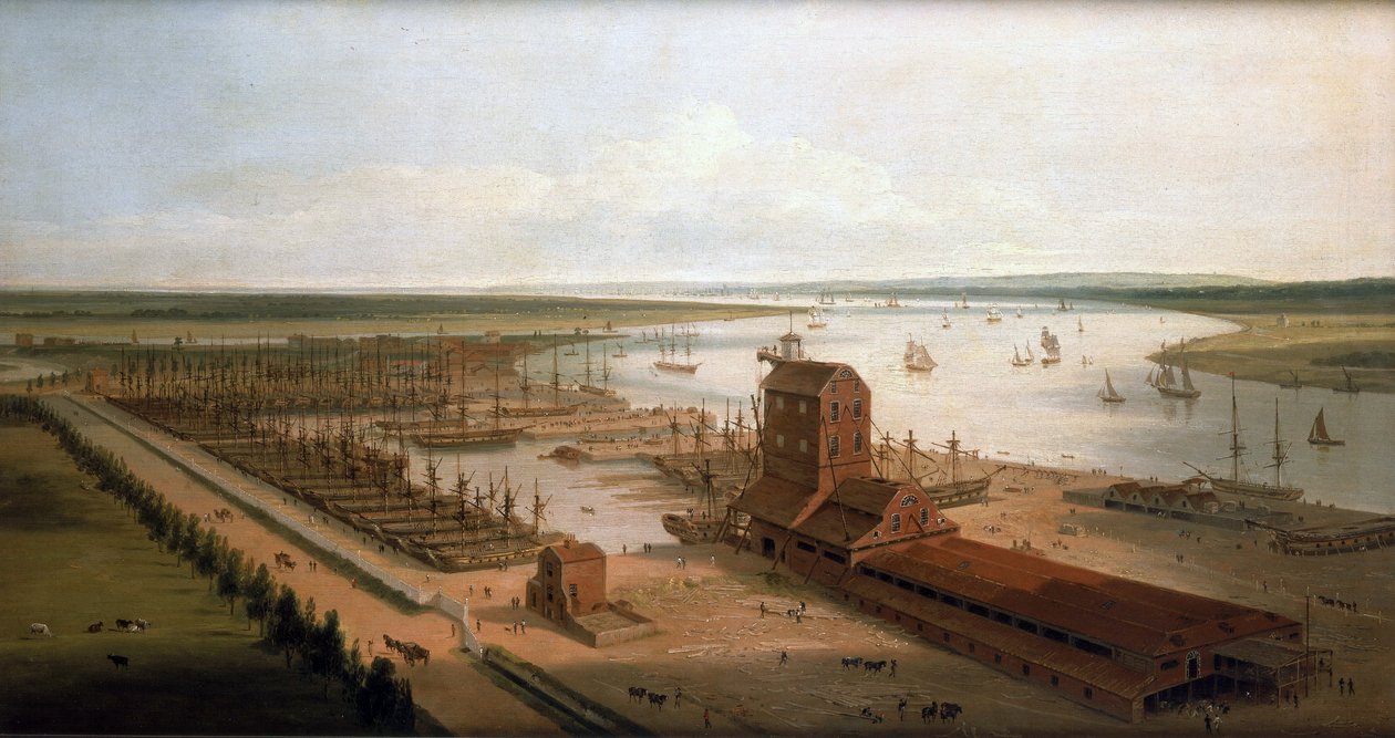Perryn telakka (silloin Green) Brunswickin satamassa ja Blackwall Building, mastotehdas, Thamesin varrella (Englanti). tekijältä William Daniell