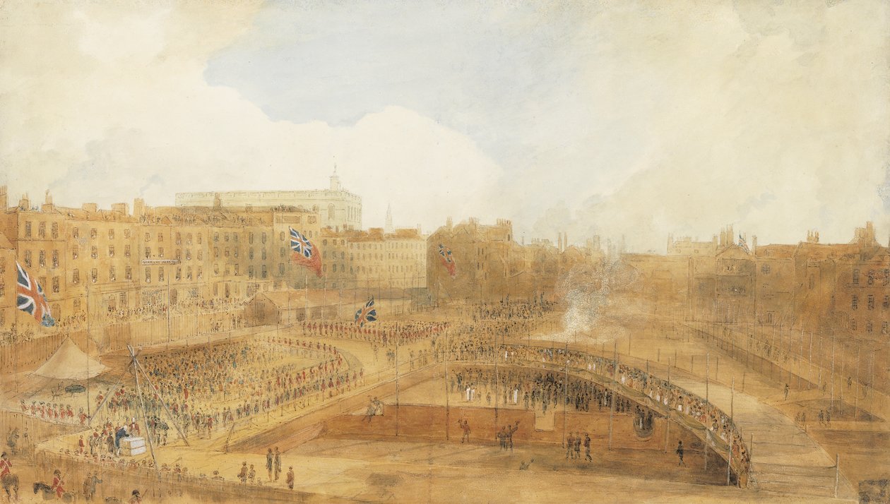 Walesin prinssi laskemassa Theatre Royalin peruskiveä Covent Gardenissa, 31. joulukuuta 1808 (lyijykynä, kynä ja ruskea muste ja vesiväri, jota korostetaan vartalovärillä ja raapimalla) tekijältä William Daniell