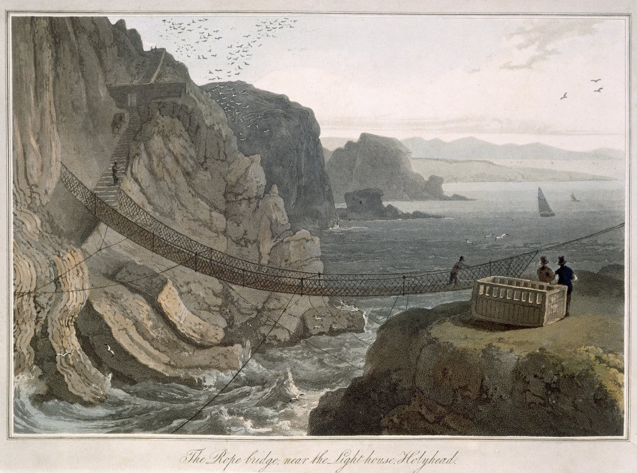 Köysisilta lähellä Holyheadin majakkaa, Holyhead, vuodelta 1829, julkaisusta "A Voyage Around A Great Britain Undertaken between the Years 1814 and 1825" (Matka Ison-Britannian ympäri vuosina 1814-1825). tekijältä William Daniell