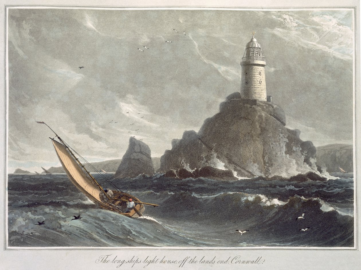 The longships lighthouse of Lands End, Cornwall, osa I osasta "A Voyage around Great Britain Undertaken between the Years 1814-1825", julkaistu 1814 (akvatinta) tekijältä William Daniell