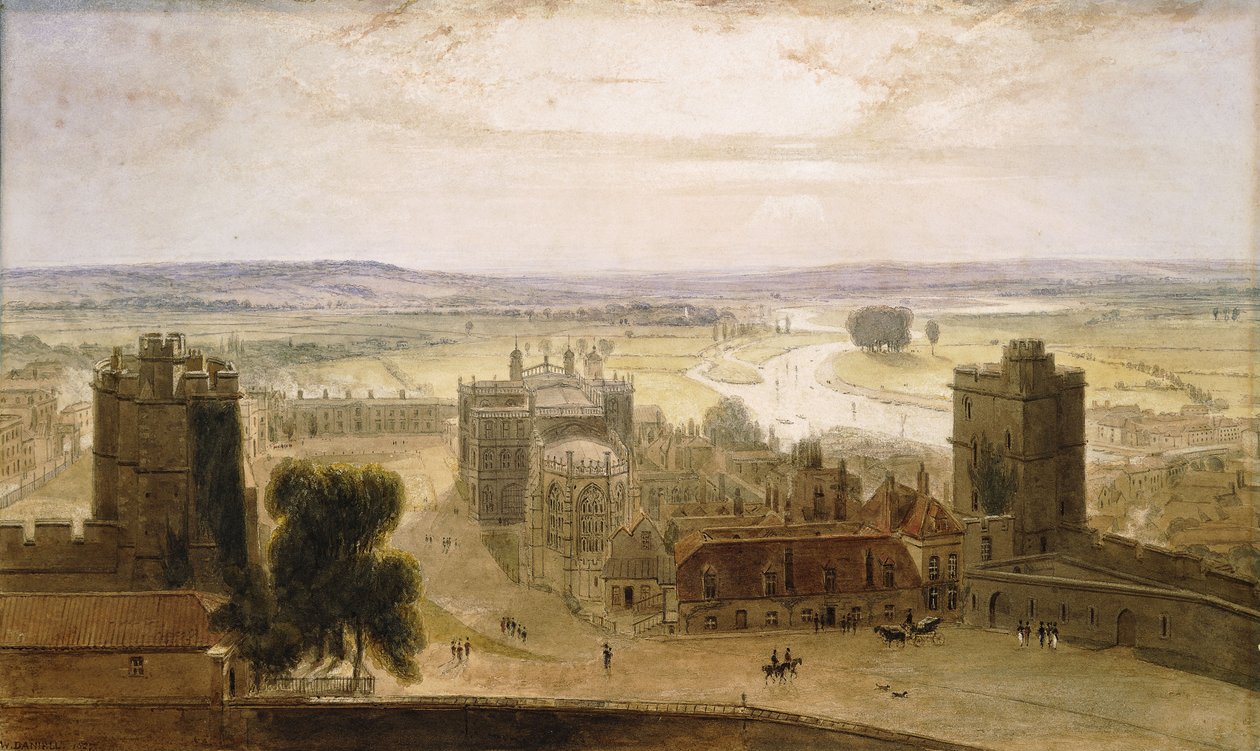 Näkymä pyöreästä tornista, Windsorin linna, 1827 tekijältä William Daniell