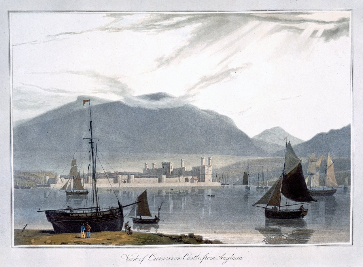 "Näkymä Caernarvonin linnalle Angleseasta", Wales, 1814 tekijältä William Daniell
