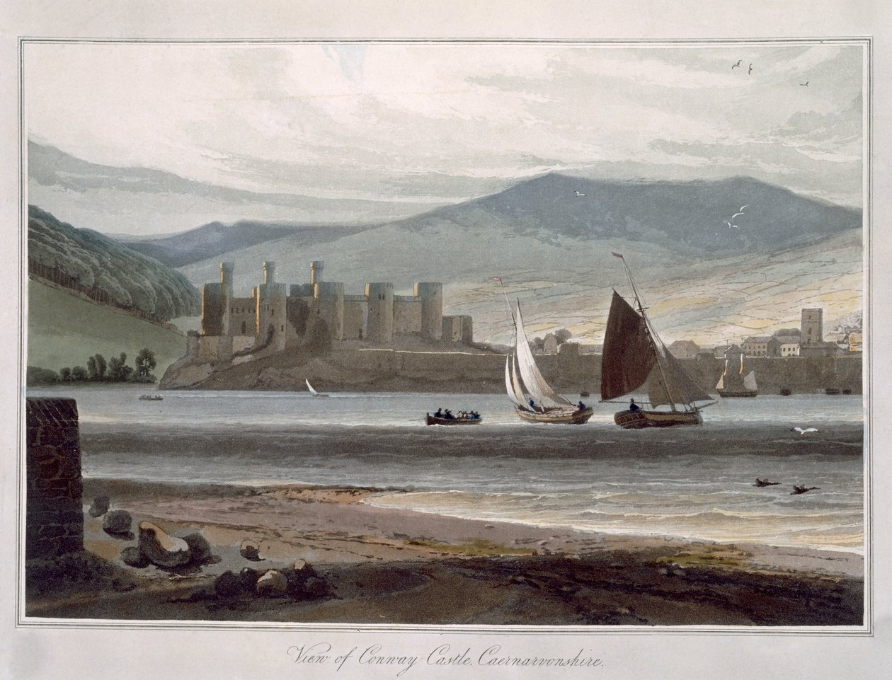 Näkymä Conwayn linnasta, Caernarvonshiresta, vuonna 1815 julkaistusta matkasta Iso-Britannian ympäri, joka on tehty vuosien 1814 ja 1825 välillä (värillinen kaiverrus) tekijältä William Daniell