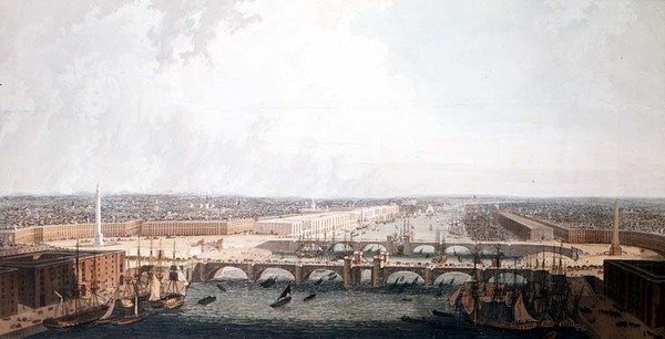 Näkymä Lontooseen sataman parannuksilla ja kaksoissillalla. William Daniel (akvatinta) lähettänyt alahuoneen valitulle komitealle tekijältä William Daniell