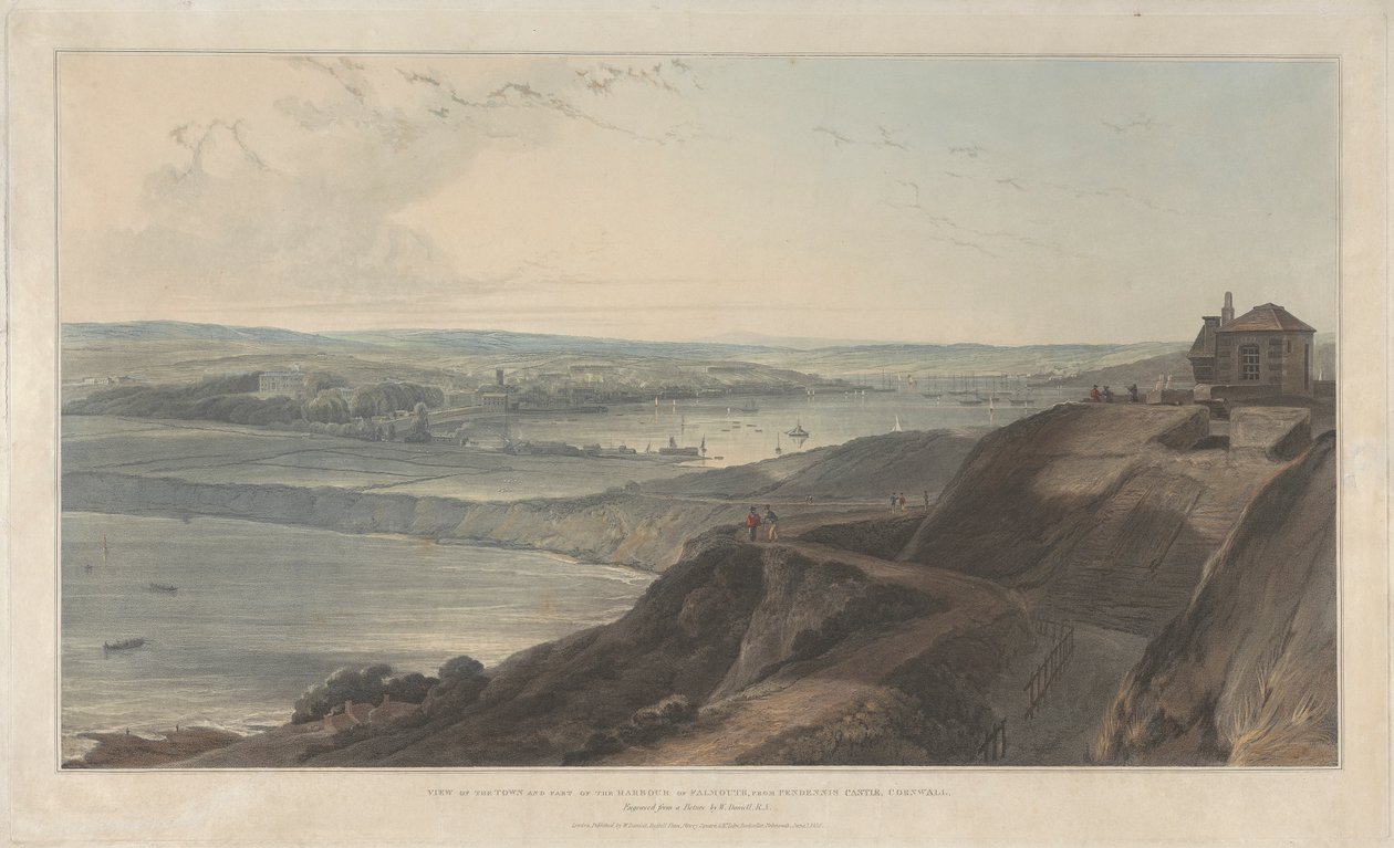 Näkymä kaupunkiin ja osa Falmouthin satamaa Pendennis Castle, Cornwall tekijältä William Daniell
