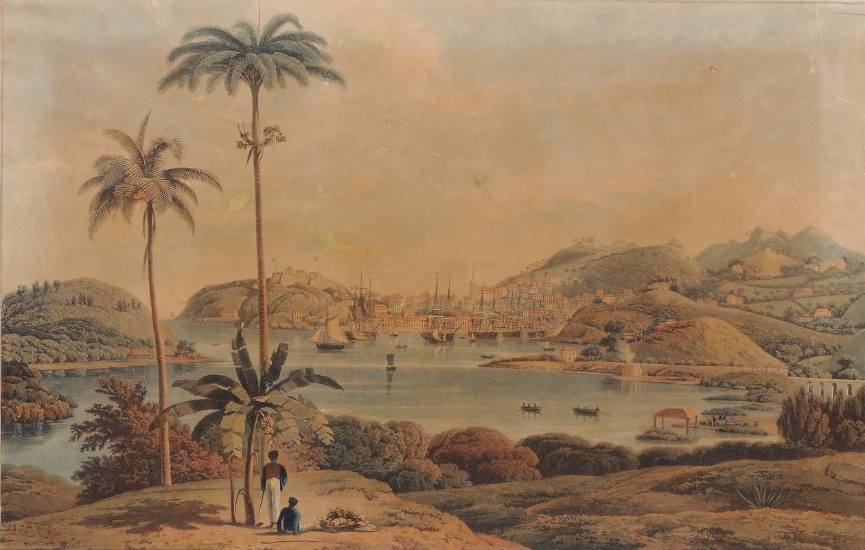 Näkymä St. Georgen ja Richmond Heightsin kaupungista Grenadan saarella, everstiluutnantti Wilsonin ottama lahdelta, 1819 tekijältä William Daniell