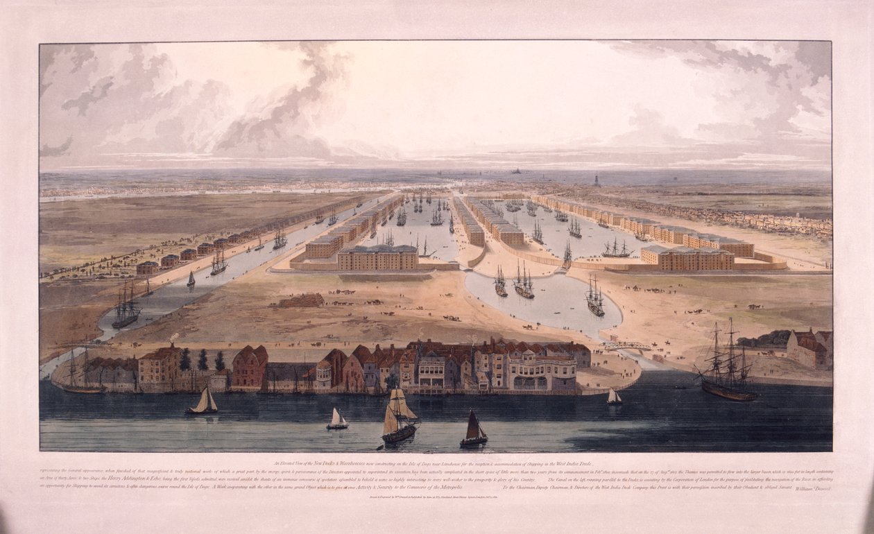 West India Docks, Poplar, Lontoo, 1802 tekijältä William Daniell
