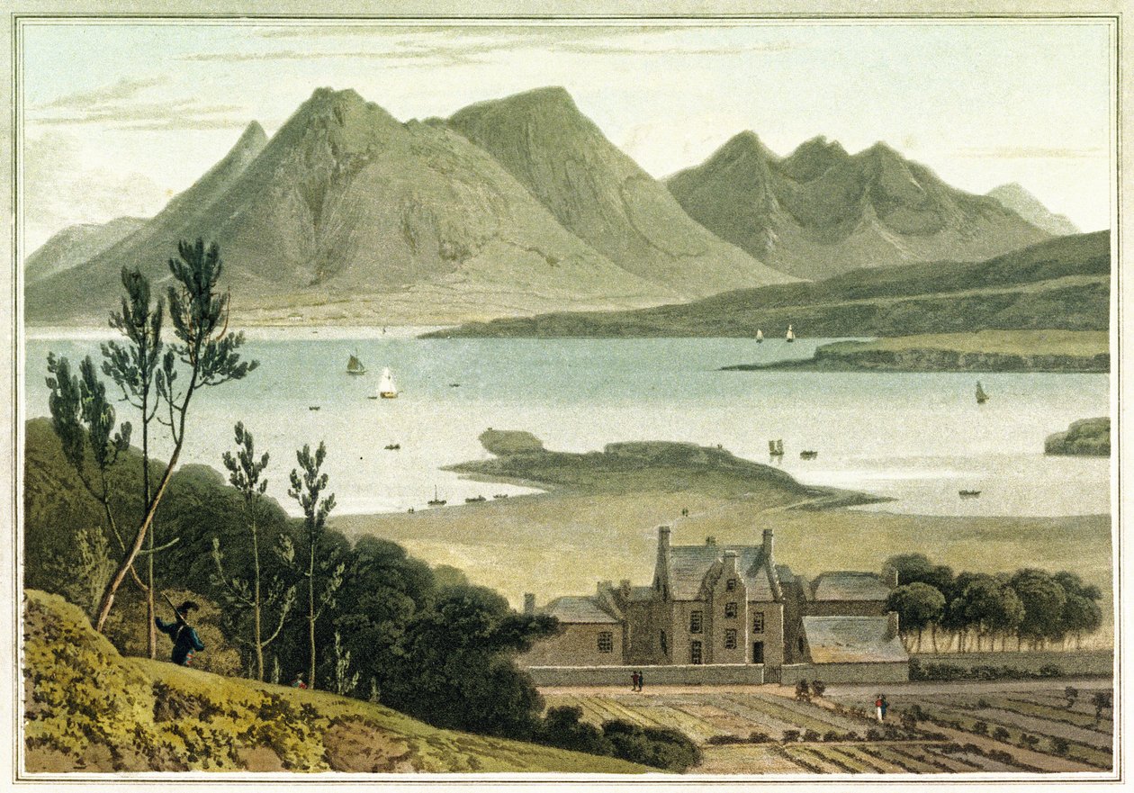 Läntinen näkymä Raasayn saarelta (Skotlanti), jossa on kuvaus suuresta rakennuksesta ja sen viereisestä puutarhasta. William Daniellin (1769-1837) tekemä väriaiheinen etsaus. tekijältä William Daniell