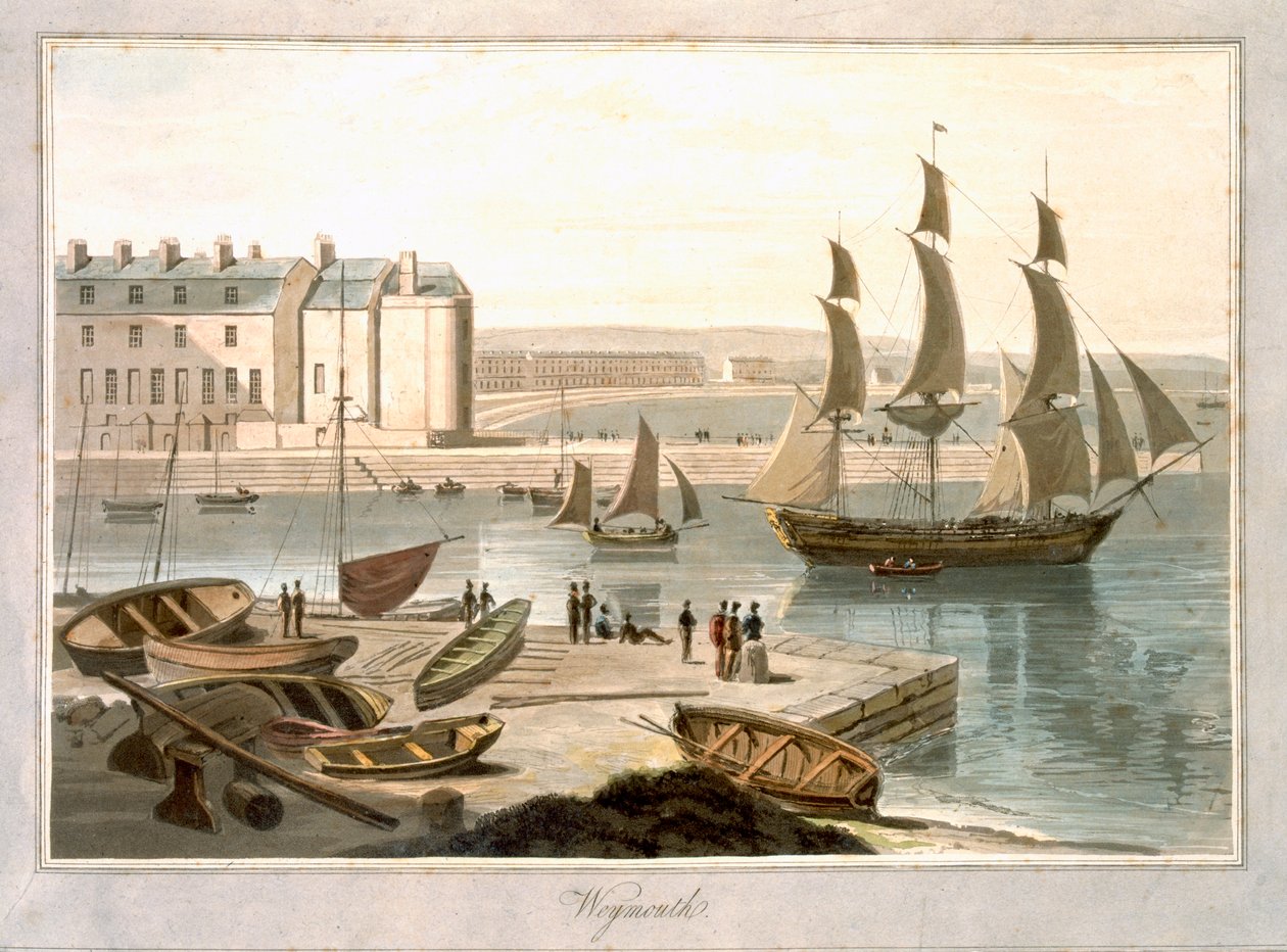 Weymouth Harbour, vuonna 1829 julkaistusta teoksesta "A Voyage Around Great Britain Undertaken between the Years 1814-1825" tekijältä William Daniell