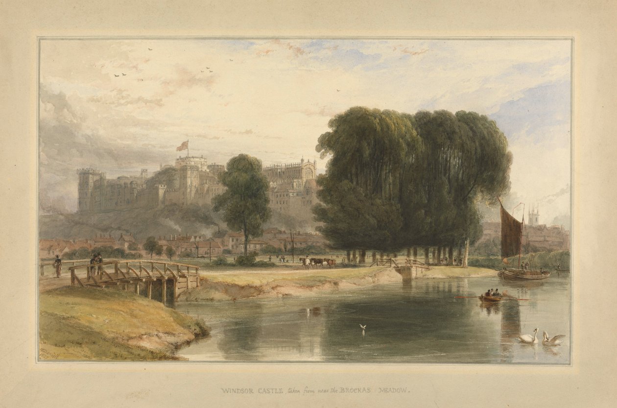 Windsorin linna, Brocas Meadowsin läheltä, vuodelta 1827 (wc ja kynä ja muste paperille asetettuna telineeseen) tekijältä William Daniell