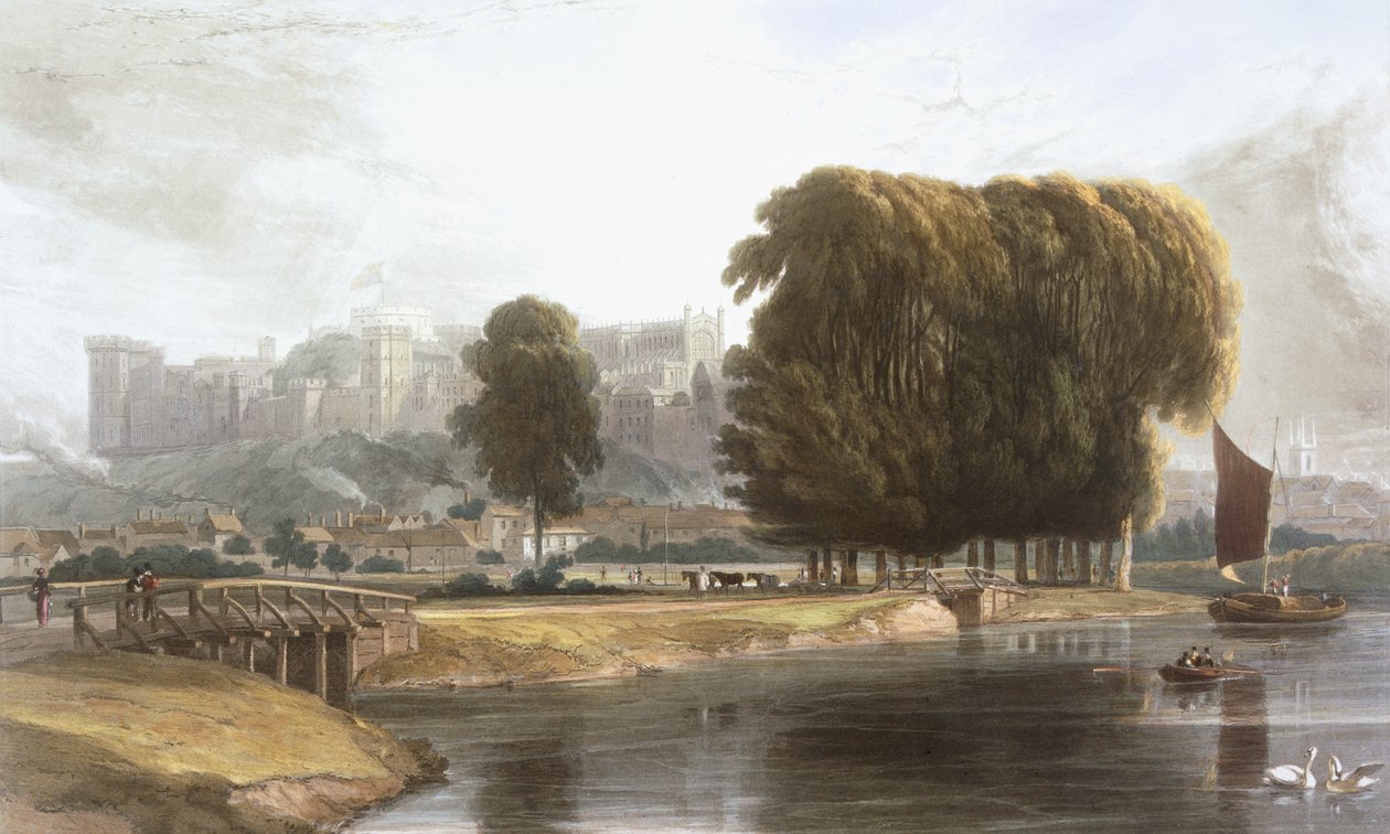 Windsorin linna Brocas Meadowilta, Windsorin, Etonin ja Virginia Waterin näkymistä, n. 1827-30. tekijältä William Daniell