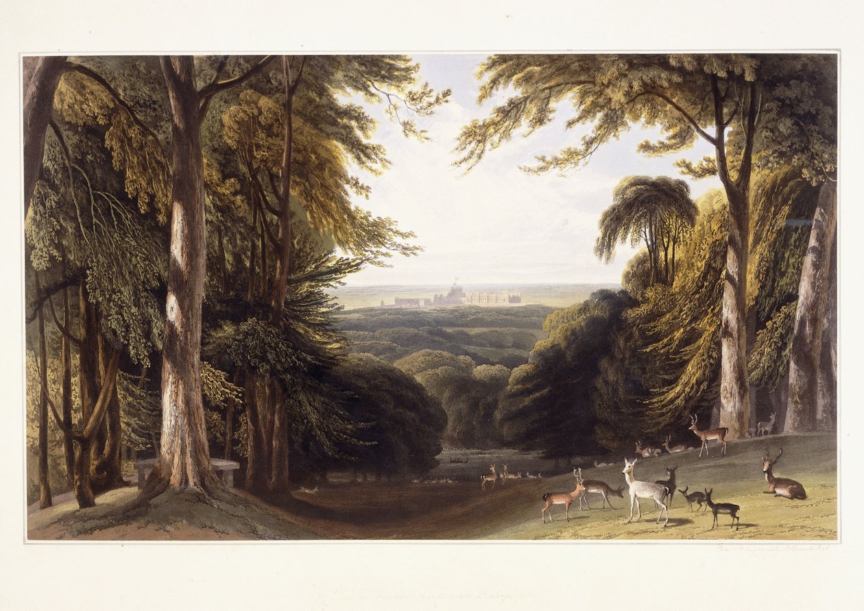 Windsorin linna Deer Parkista, n. 1827-1829 tekijältä William Daniell