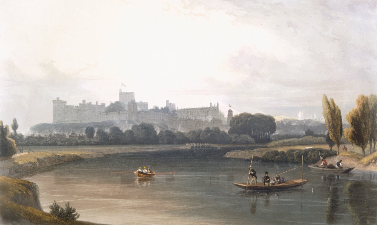 Windsorin linna Thames-joelta: näkymä länteen ja kalastus puntista, c1827-30. tekijältä William Daniell