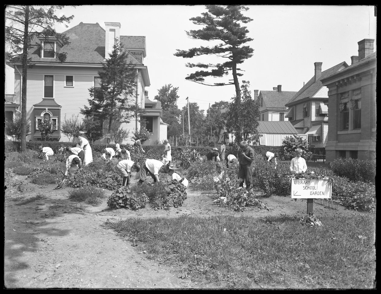 Lapset työskentelevät Queens Borough Public Libraryn Poppenhusenin haarakonttorin puutarhassa, 14. elokuuta 1915. tekijältä William Davis Hassler