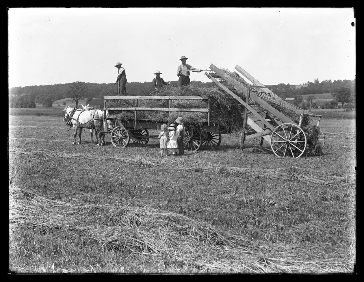 Maatilan työntekijät lastaamassa heinää hevosvetoiseen heinävaunuun kolmen lapsen katsoessa, McCready Farm, Crawford County, Pennsylvania, n. 1913 tekijältä William Davis Hassler