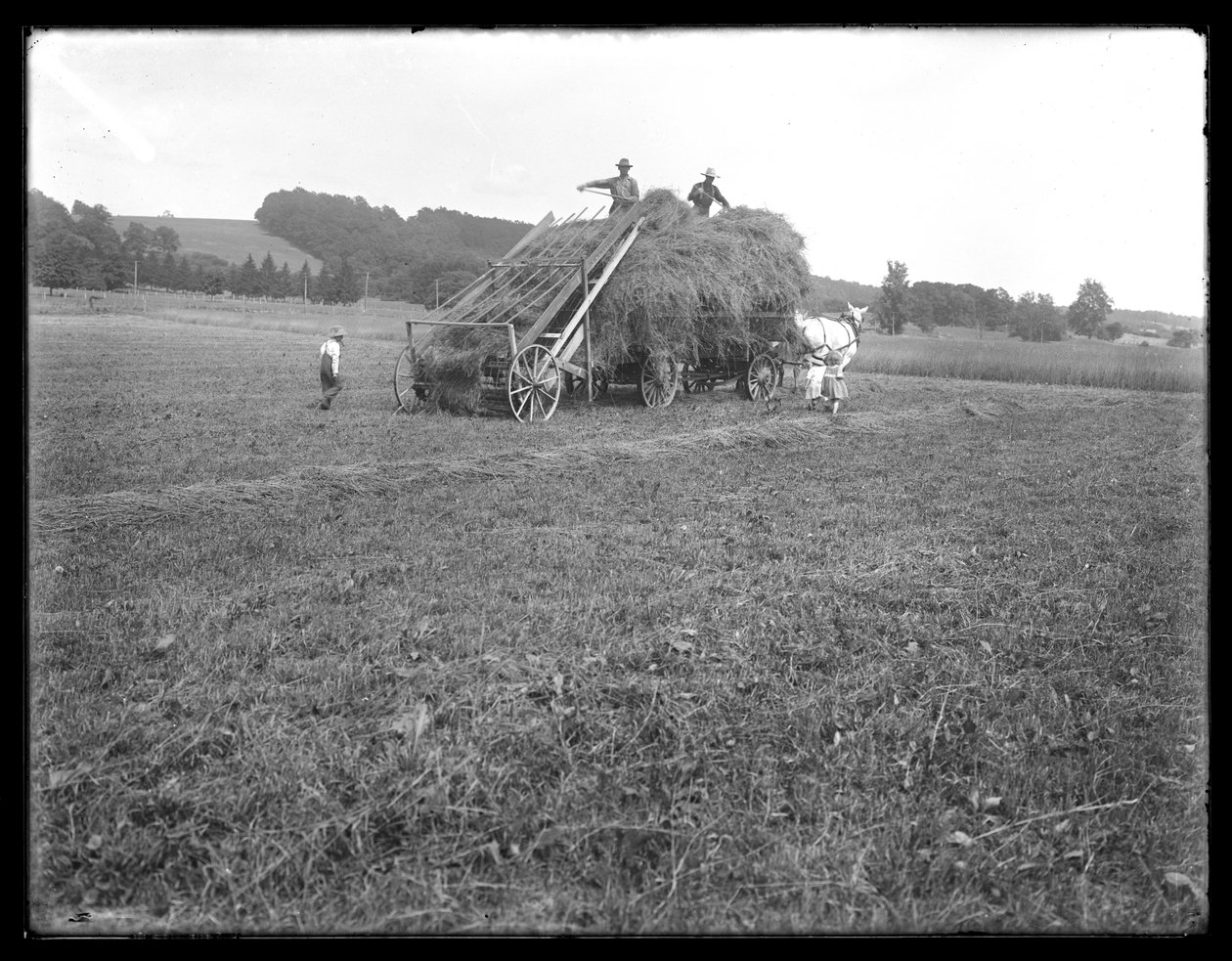Heinävaunu, maataloustyöntekijöitä ja lapsia, esittelyssä heinän nostolaite, McCready Farm, Crawford County, Pennsylvania, n. 1913 tekijältä William Davis Hassler