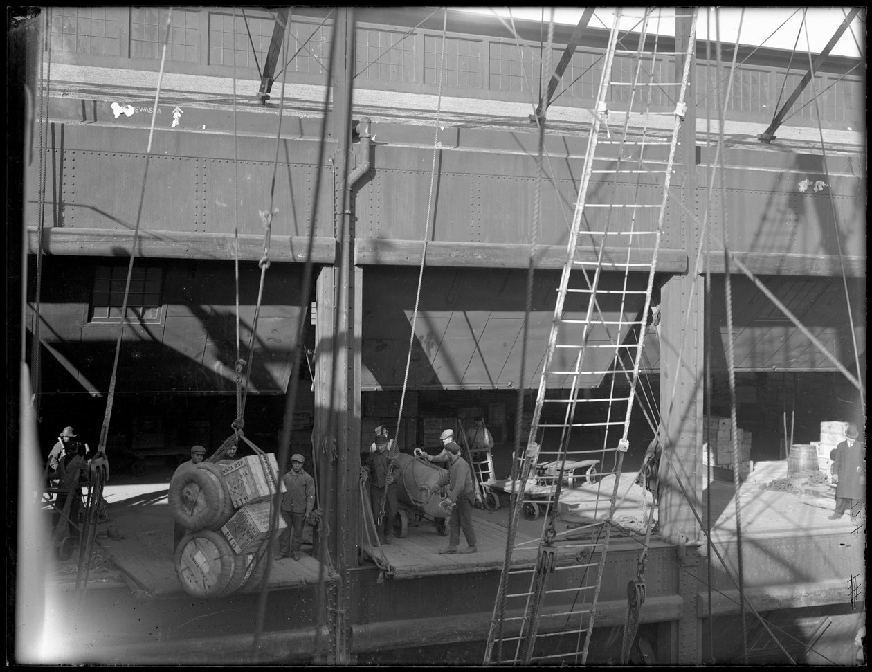 Höyrylaivan lastaus yläkerrasta, Chelsea Piers, New York, 1912 tekijältä William Davis Hassler
