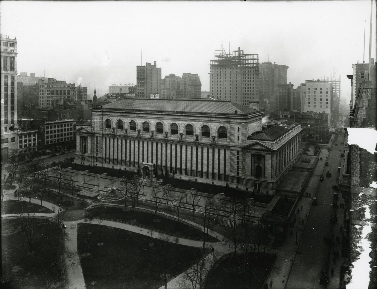 New Yorkin julkinen kirjasto ja Bryant Park, n. 1910-21 tekijältä William Davis Hassler