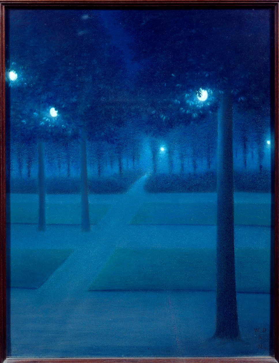 Yö Parc Royal de Bruxellesissa. William Degouves de Nuncquesin (1867-1935) pastellimaalaus (ec.belg) 1897 su. 0,65x0,5 m Pariisi, musee d