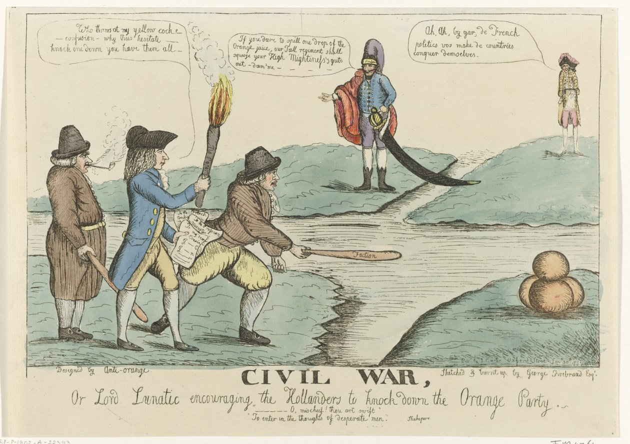 Englantilainen sarjakuva Hollannin sisällissodasta, 1787 Sisällissota tai Lordi Lunatic rohkaisee hollandeja kaatamaan Orange Partyn (otsikko esineessä) tekijältä William Dent