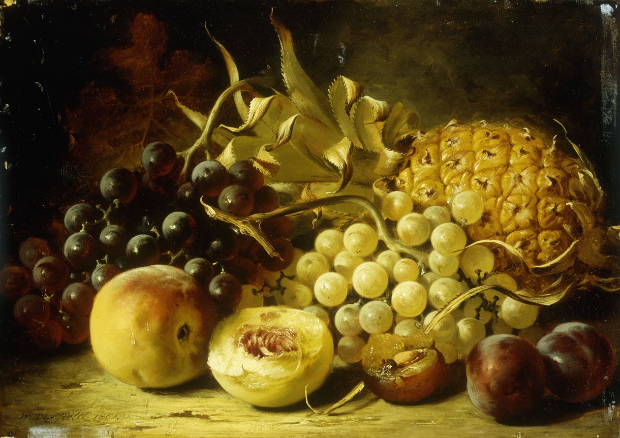 Asetelma viinirypäleillä, persikoilla, luumuilla ja ananaksella, 1861 tekijältä William Duffield