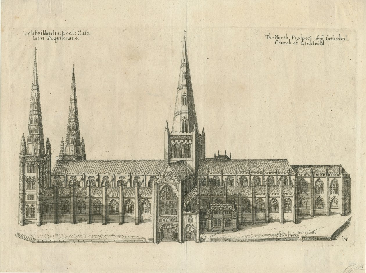 Lichfieldin katedraali - Etelänäkymä: kuparilevykaiverrus, nd [?1700-luvun puoliväli] tekijältä William Dugdale