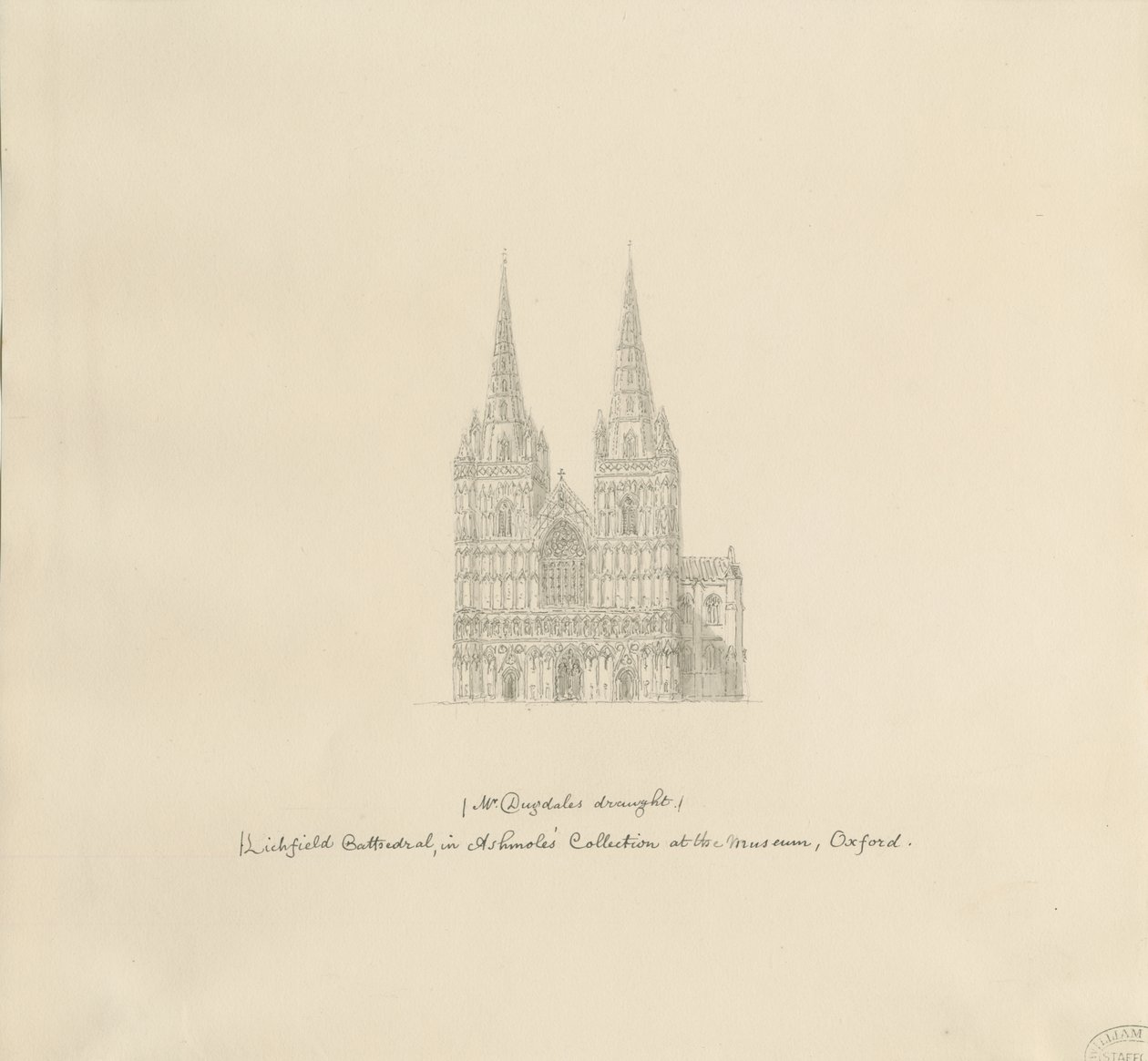 Lichfield Cathedral - West Front: kynäpiirros, nd [?1600-luvun lopulla] (piirustus) tekijältä William Dugdale