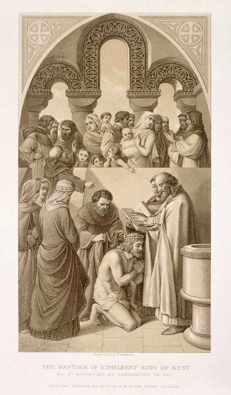 Kentin kuningas Ethelbertin (n. 552-616) kaste, jonka Pyhä Augustinus suoritti Canterburyssa vuonna 597, englantilaisen ja skotlantilaisen historian kuvituksista, osa I. tekijältä William Dyce