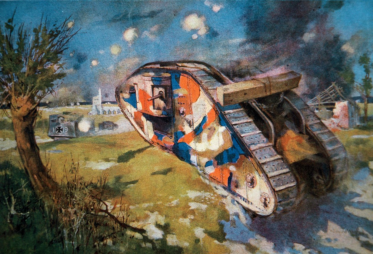 Naamioitu brittiläinen Mk IV -tankki taistelussa saksalaista panssarivaunua vastaan ensimmäisessä maailmansodassa, kuva julkaistu The Sphere -lehdessä, elokuu 1918 (väri litho) tekijältä William Edward (after) Wigfull