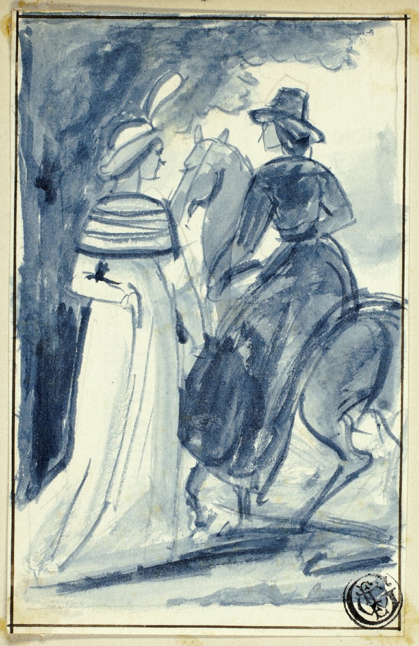 Kaksi naista (yksi hevosen selässä) 1700-luvun lopun mekossa tekijältä William Edward Frost