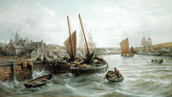 Kalastusveneet Peel Harbourissa, Mansaarella tekijältä William Edward Webb