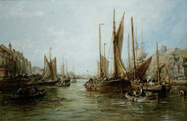 Laiturilla kalastusveneitä tekijältä William Edward Webb