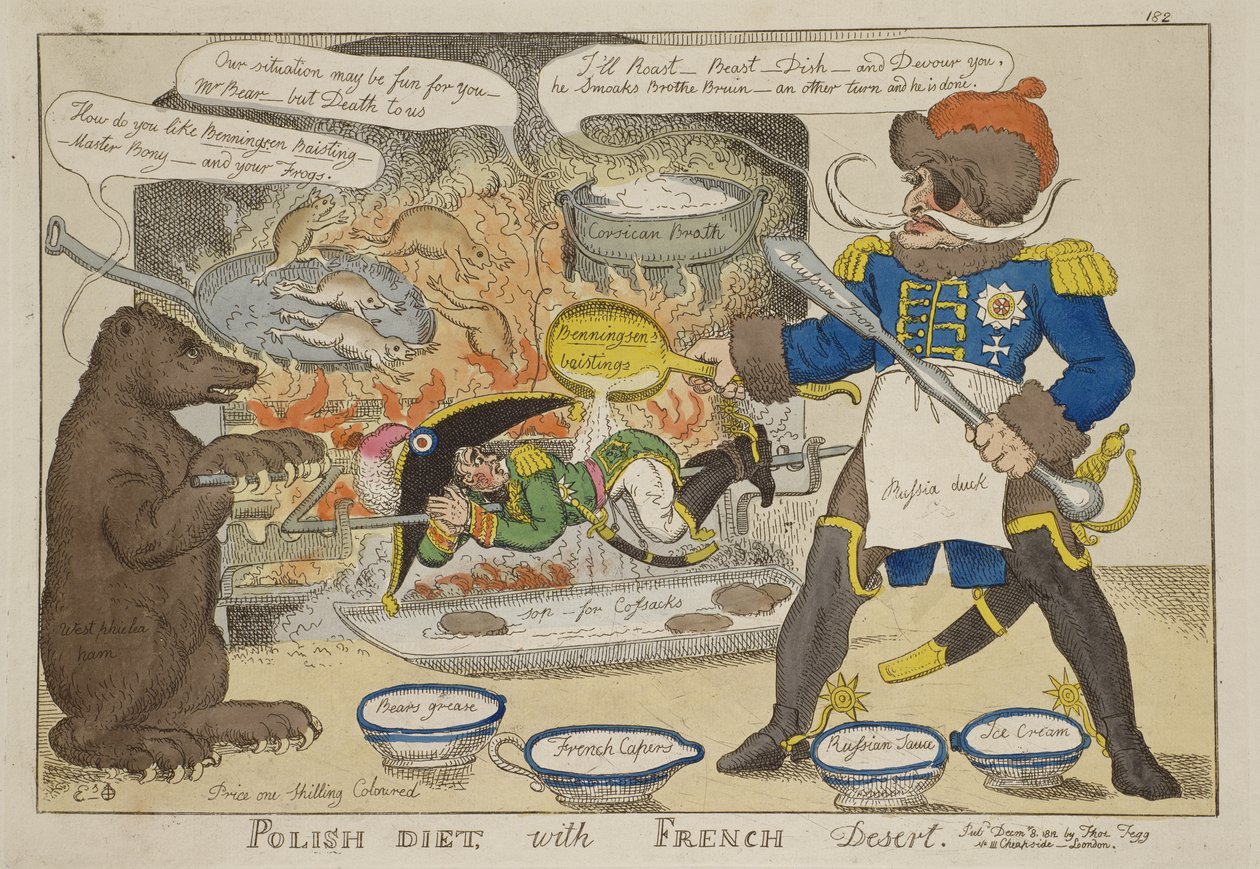 William Elmesin "Puolalainen ruokavalio ranskalaisen jälkiruoan kanssa", julkaistu 8. joulukuuta 1812 tekijältä William Elmes