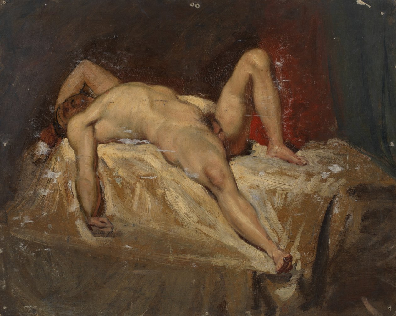 Mies alaston makuulla, vasen polvi kohotettuna, 1815-45 tekijältä William Etty