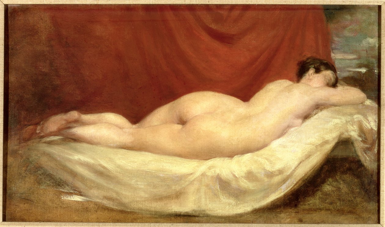 Alaston makaa sohvalla punaista verhoa vasten tekijältä William Etty