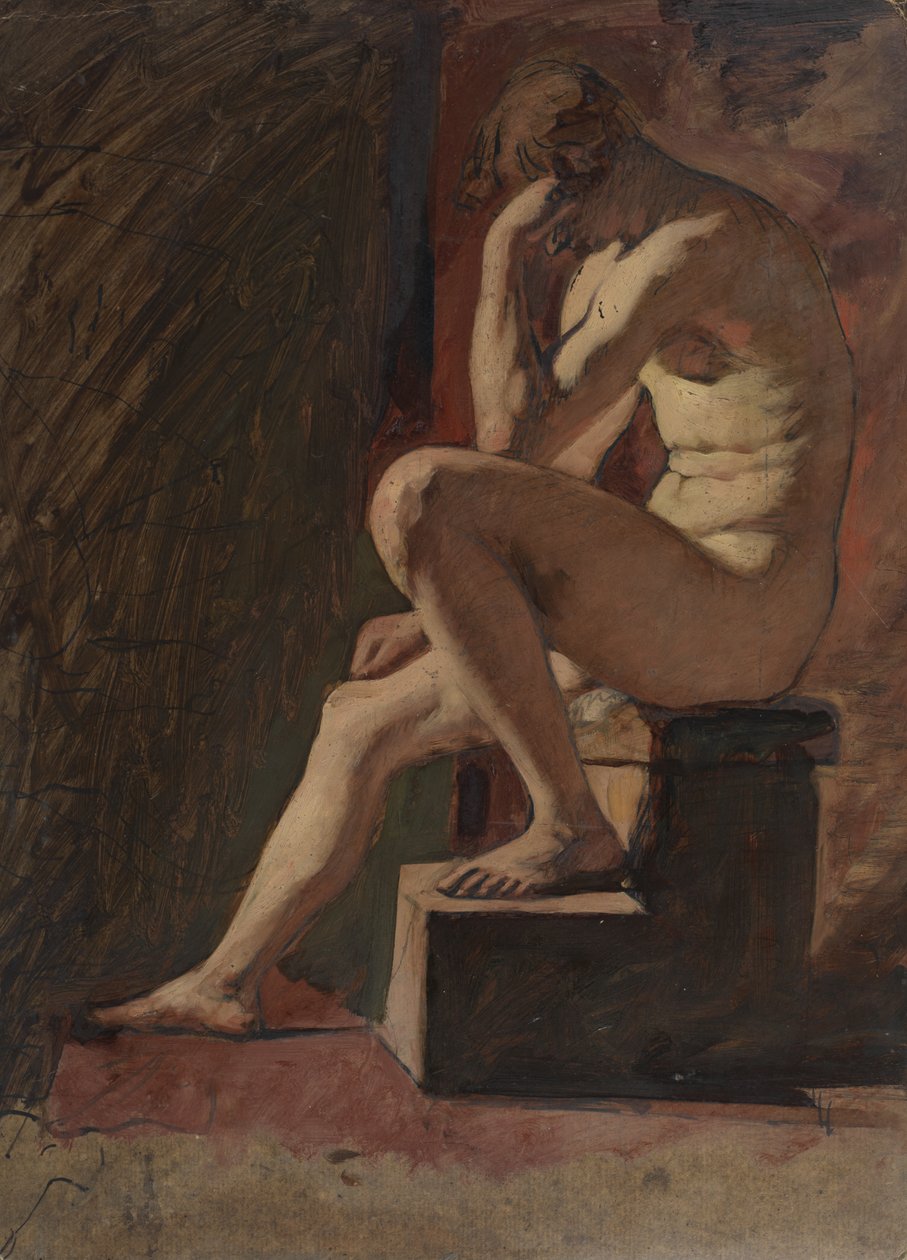 Istuva alaston mies, pää lepää kättä vasten, vasen jalka lohkon päällä tekijältä William Etty