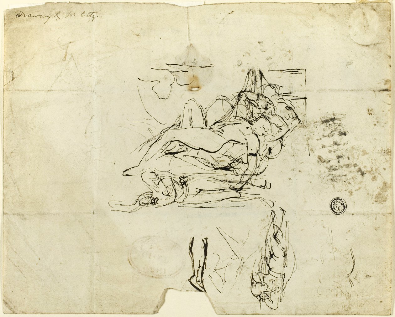 Luonnoksia makuuasennossa olevasta alaston- ja rakkausparista tekijältä William Etty