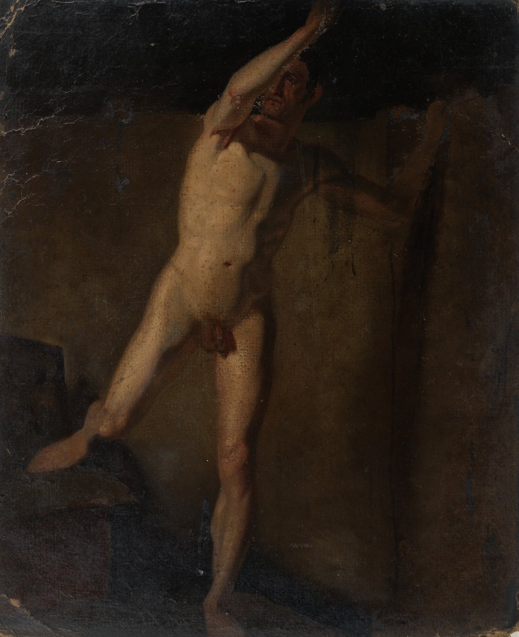 Pysyvä mies alaston, oikea käsi nostettu, oikea jalka lepää lohkoilla tekijältä William Etty