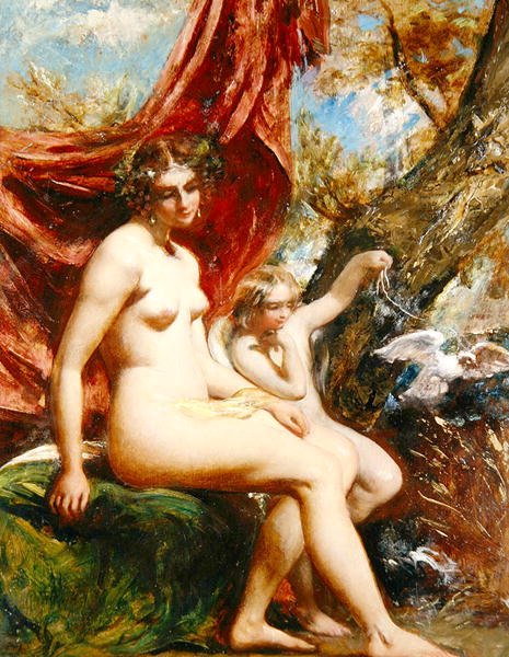 Venus ja Amor kyyhkysen kanssa (öljy paneelille) tekijältä William Etty