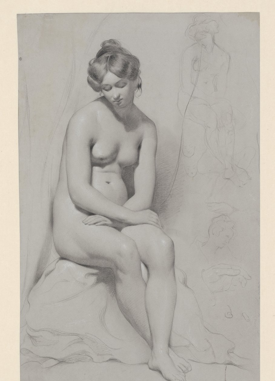 Istuva alaston naismalli korkealla leikkauksella, piirretty uudelleen sen viereen tekijältä William Etty