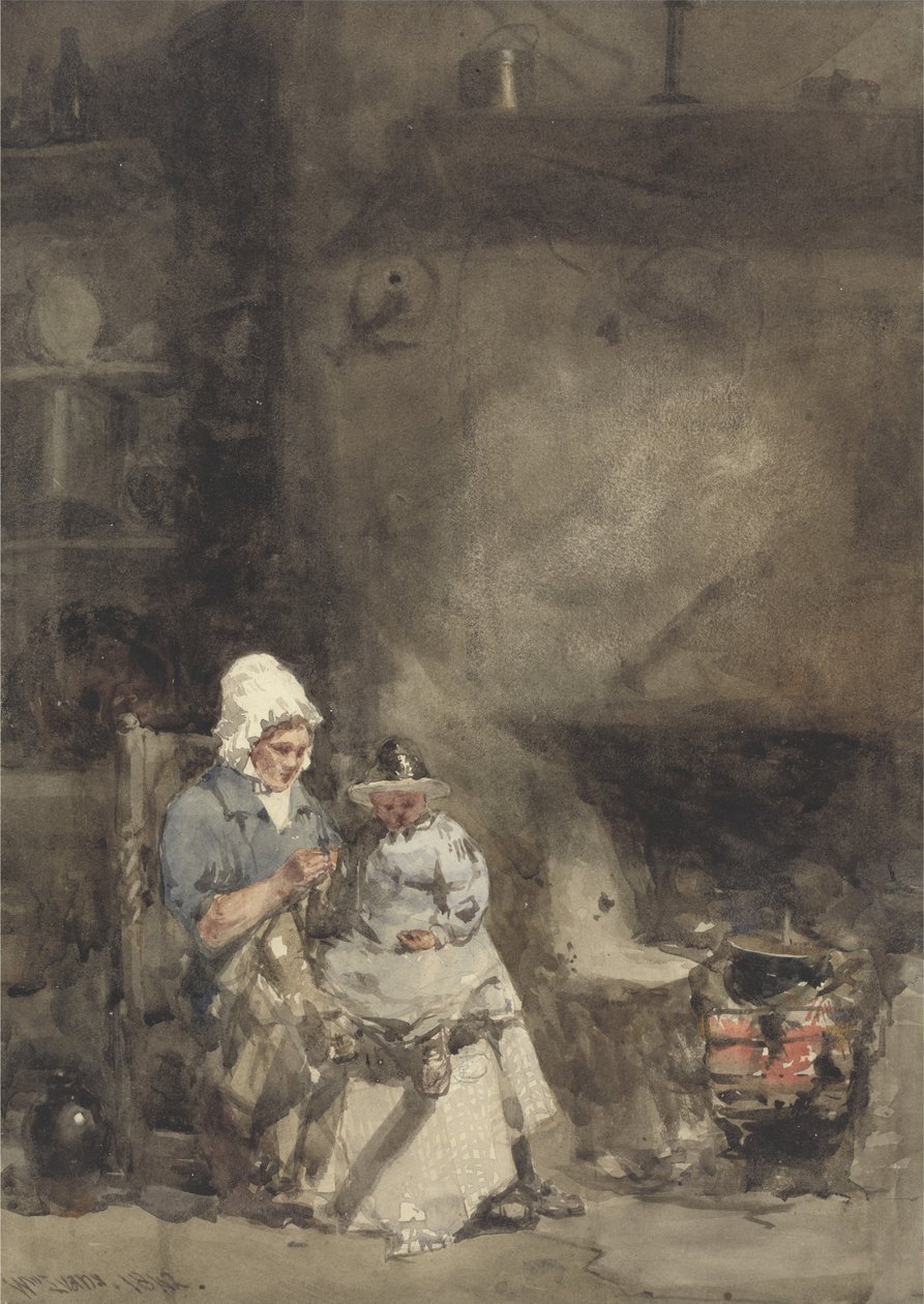 Nainen ja lapsi tulisijan ääressä, 1842 (wc grafiitin päällä paperilla) tekijältä William Evans