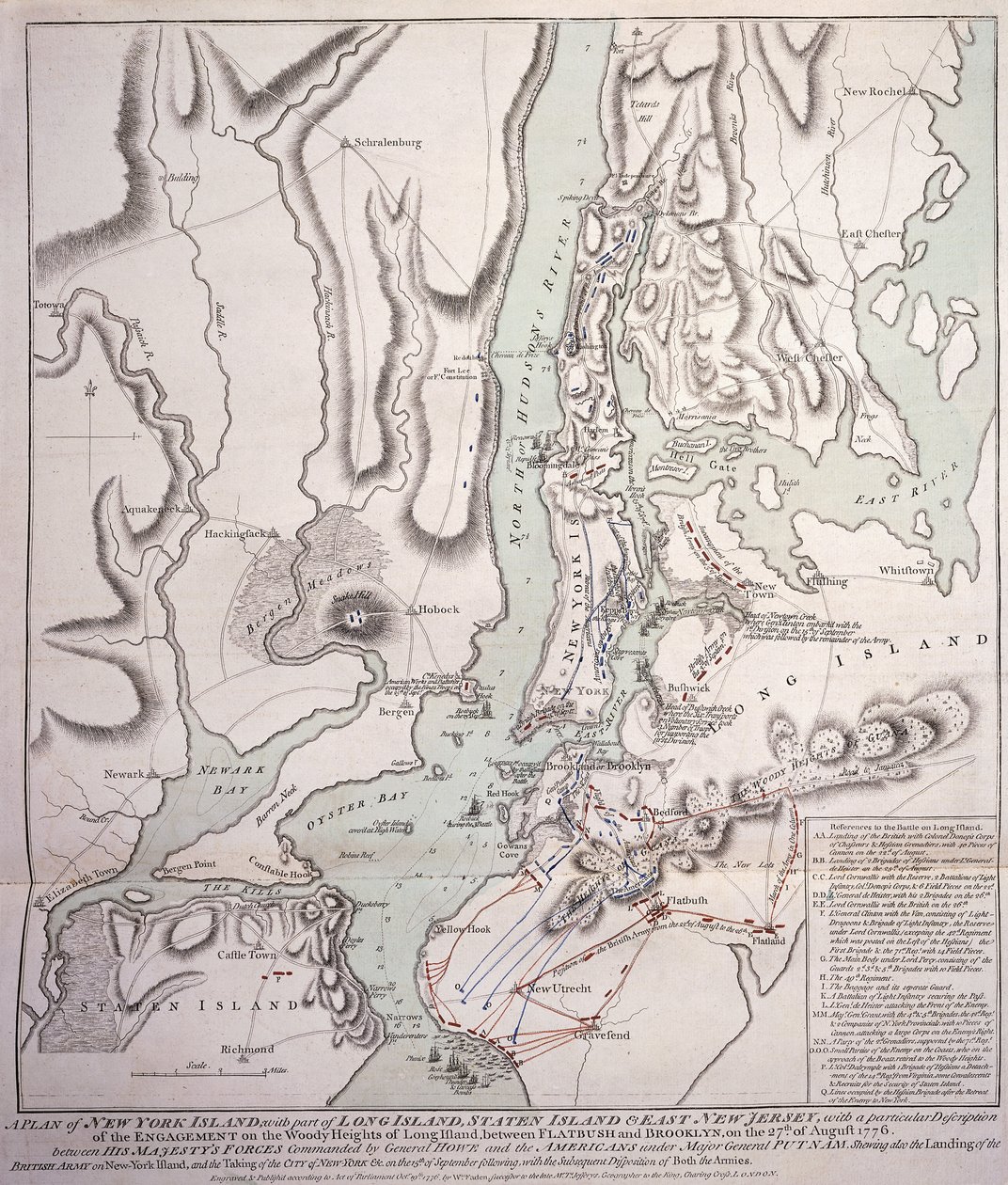 Suunnitelma New York Islandista osan Long Islandista, Staten Islandista ja East New Jerseystä sekä kihlauksesta Long Islandin Woody Heightsilla brittiläisten joukkojen välillä kenraali Sir William Howen komennossa tekijältä William Faden