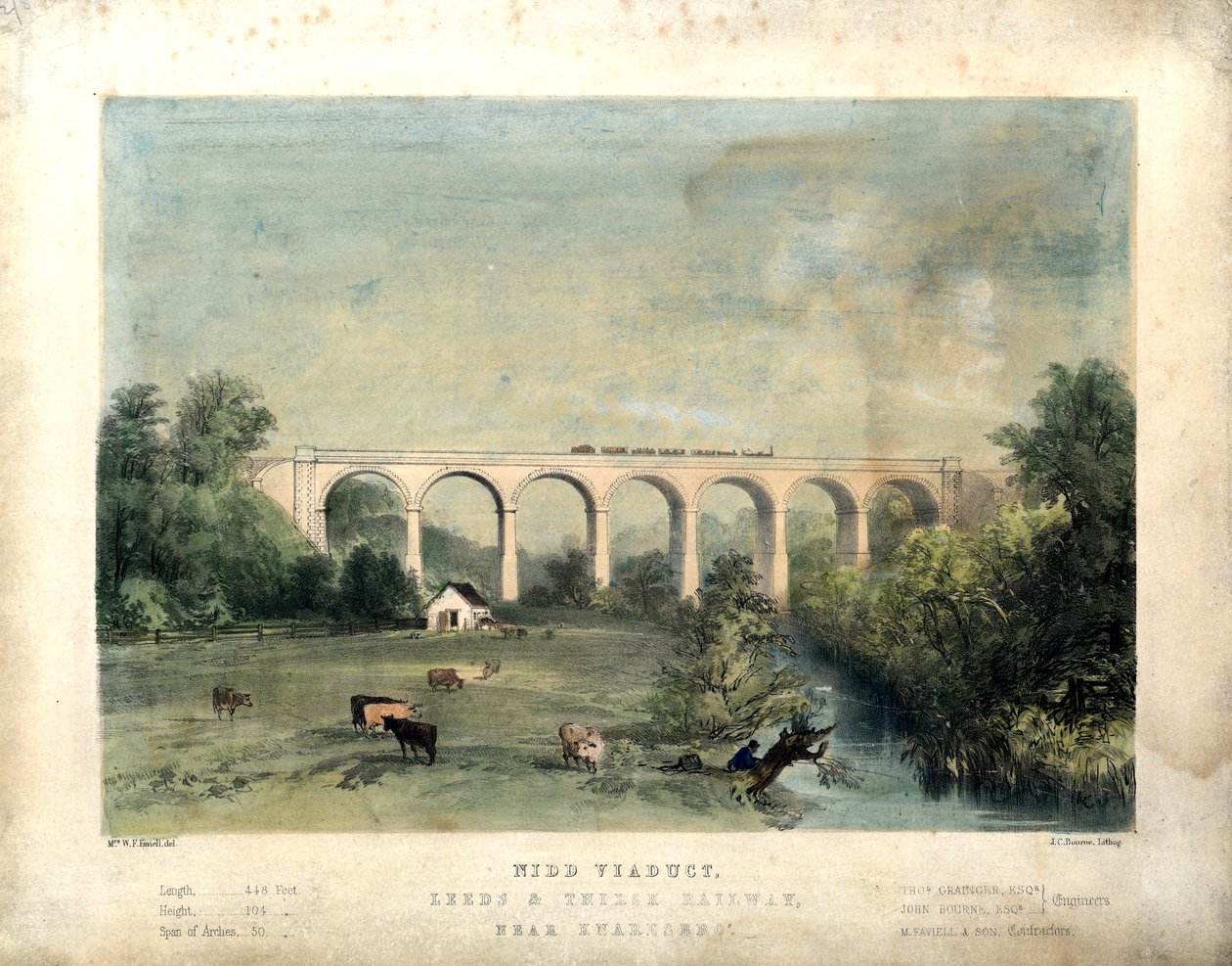 Nidd Viaduct, Leeds and Thirsk Railway, lähellä Knaresbroa, n. 1850 (värillinen lito paperilla) tekijältä William Frederick Faviell