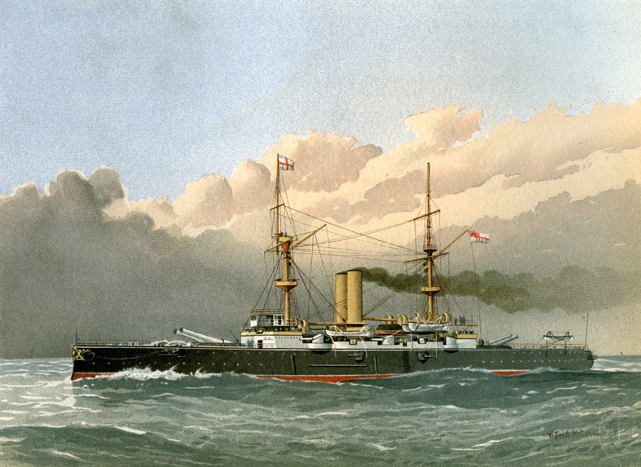HMS Royal Sovereign, kuninkaallisen laivaston 1. luokan taistelulaiva, c1890-c1893. tekijältä William Frederick Mitchell