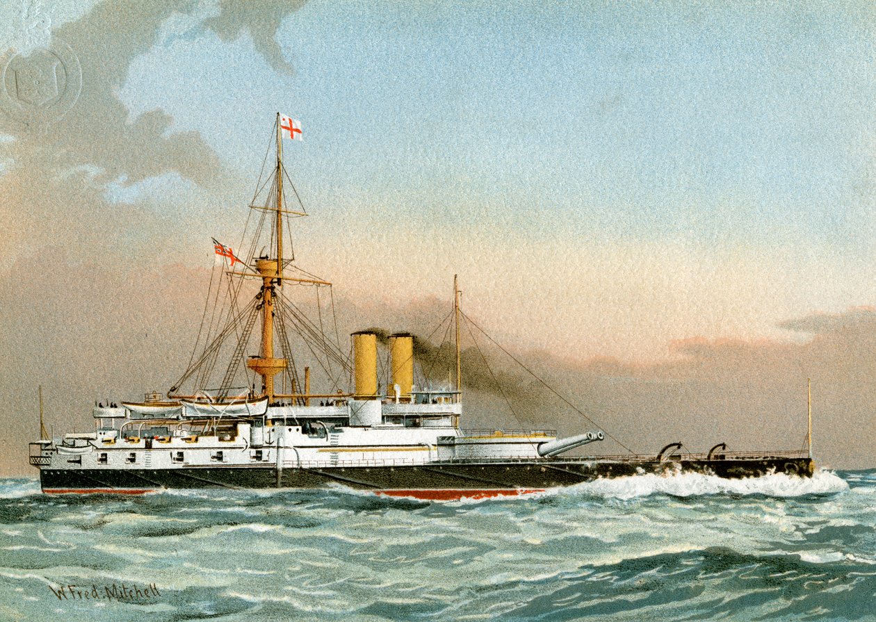HMS Victoria, Kuninkaallisen laivaston 1. luokan taistelulaiva, c1890-c1893. tekijältä William Frederick Mitchell
