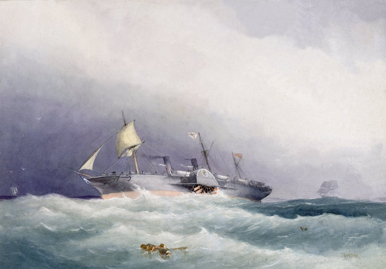 Royal Mailin höyrylaiva "Atrato", jonka Caird  Co rakensi metallista Greenockissa Englannissa vuonna 1853. Maalaus 1864, William Frederick Mitchellin (1845-1914) akvarelli. tekijältä William Frederick Mitchell