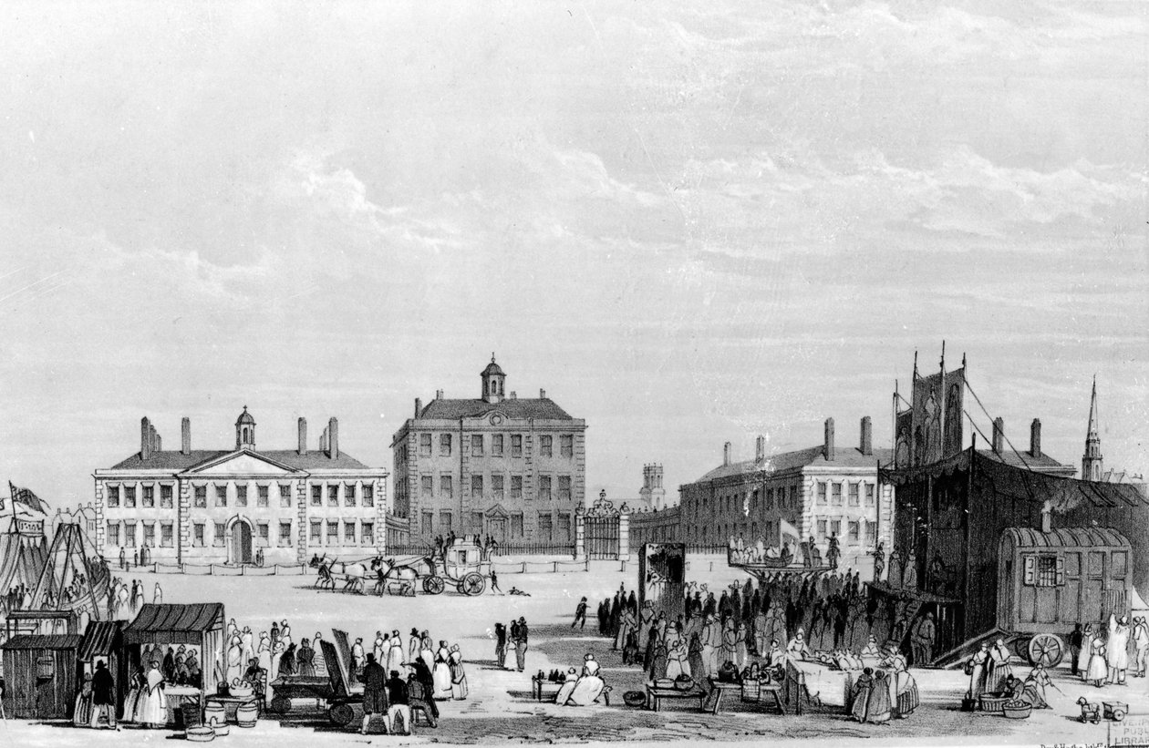 Old Liverpool Infirmary and Alms-Houses, John Cooken sirkus etualalla, n. 1826 tekijältä William Gavin Herdman