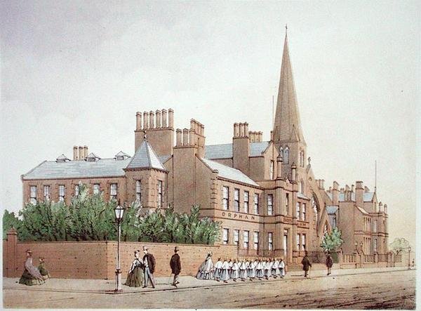 Orphan Boys Asylum, William Gavin Herdmanin ja A. Pickeringin julkaisemasta "Modern Liverpool Illustrated", julkaistu 1864 (värilitrokuva). tekijältä William Gavin Herdman